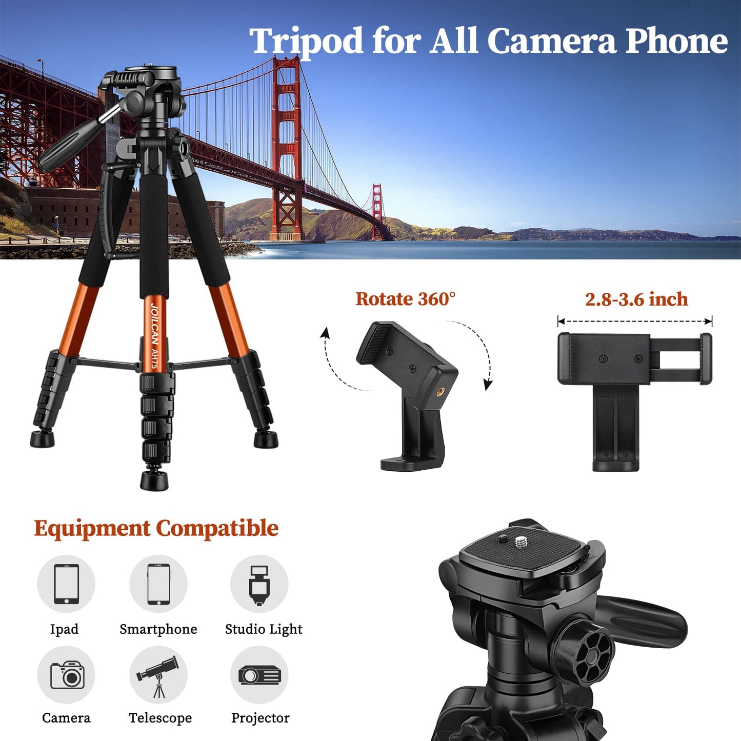 JOILCAN Tripod Camera Tripods, 74" Tripod for Camera Cell Phone Video Photography, Heavy Duty Tall Cameras Tripod Stand, Professional Travel DSLR