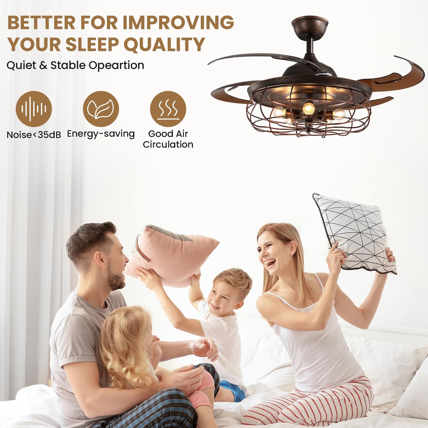 Siljoy Retractable Ceiling Fan with Light Industrial Rust Caged Ceiling Fan with Lights and Remote Farmhouse 6 Speeds Reversible Fandelier for Living