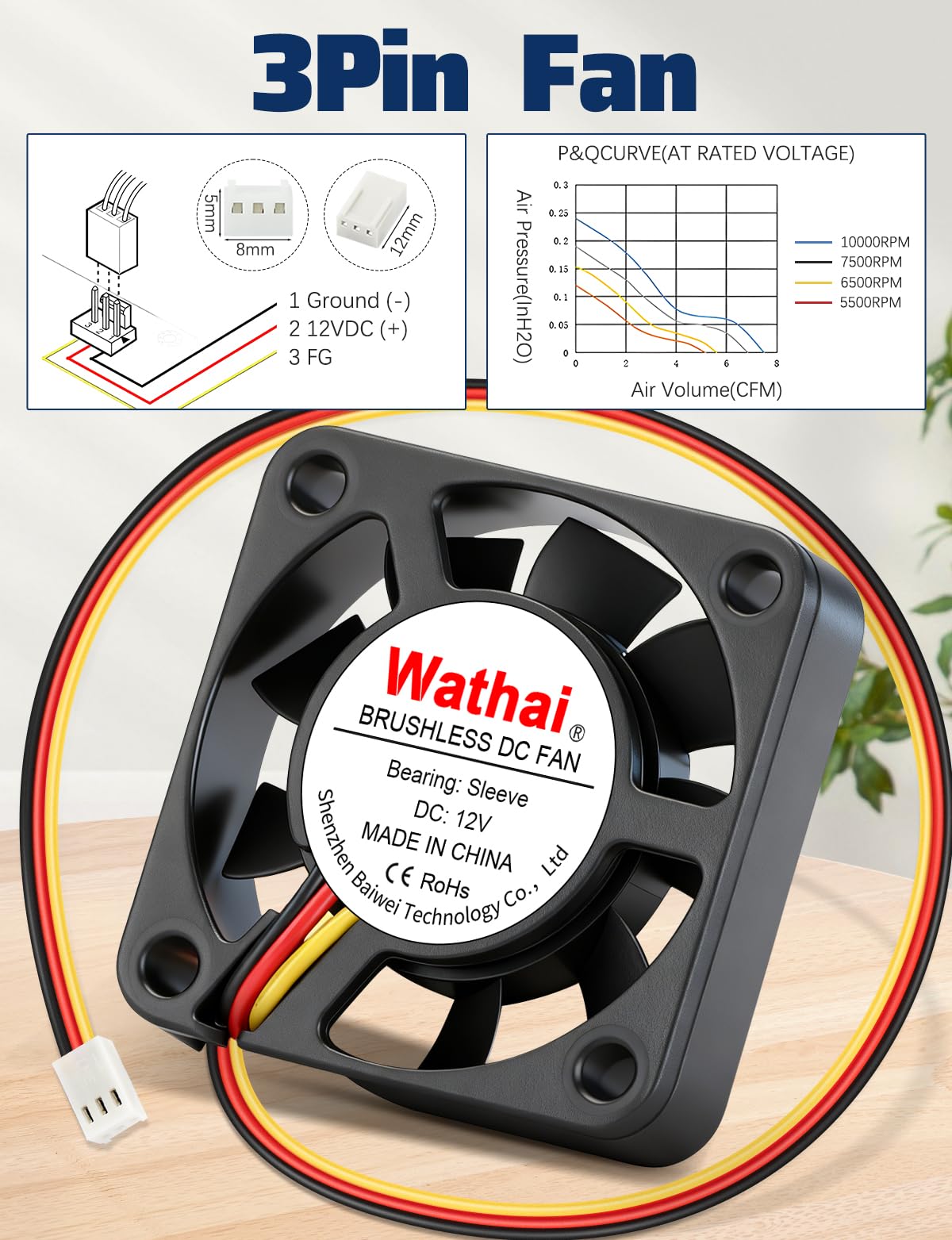 Wathai 2 pcs 40mm x 10mm DC Brushless Fan 12V 3Pin Cooling for 3D Printing, PC Computer Case, CPU Replacement, Graphics Card, Raspberry PI