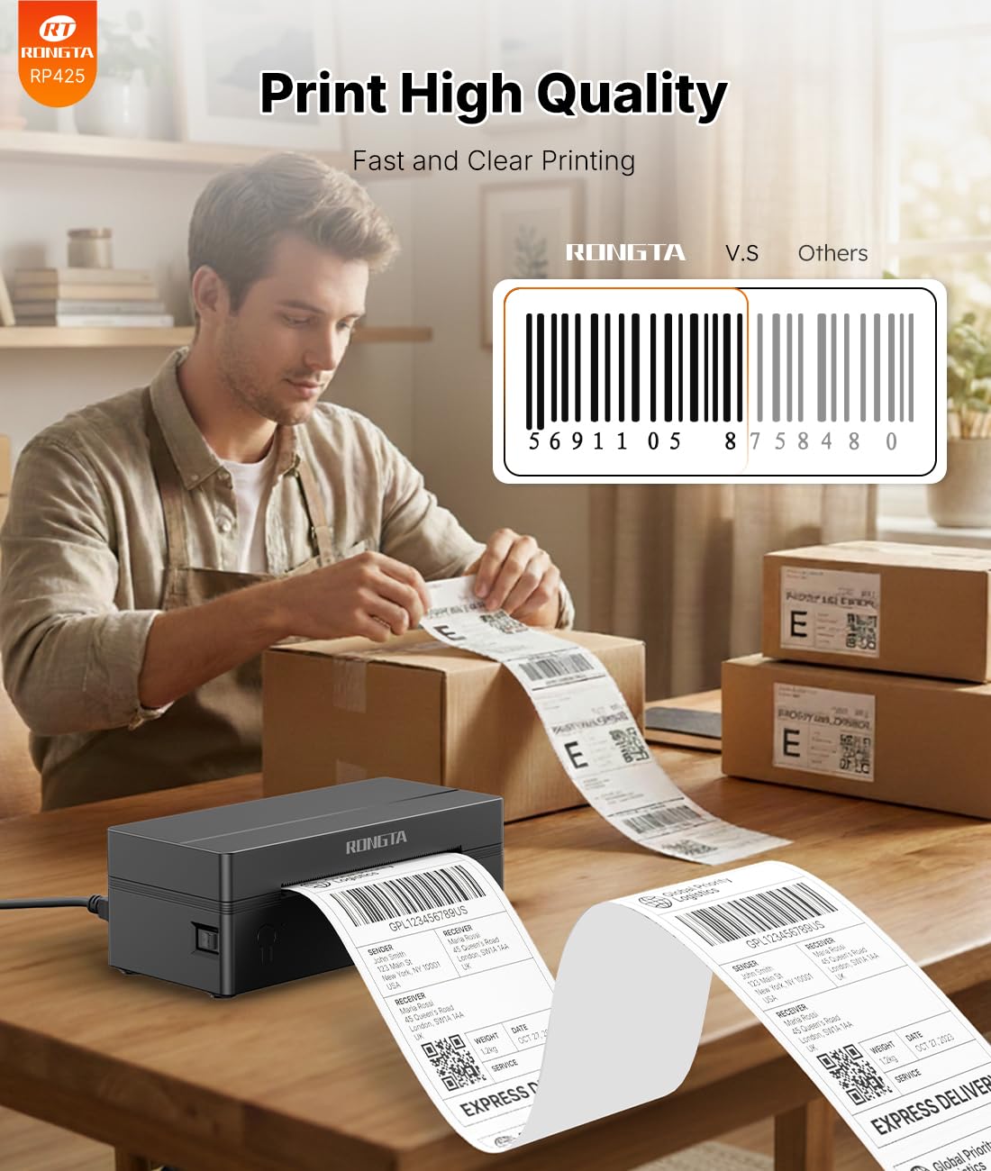 Rongta Bluetooth Thermal Shipping Label Printer, Wireless 4x6 Label Printer for Shipping Packages&Small Business, Compatible Windows/Mac/Android/iOS