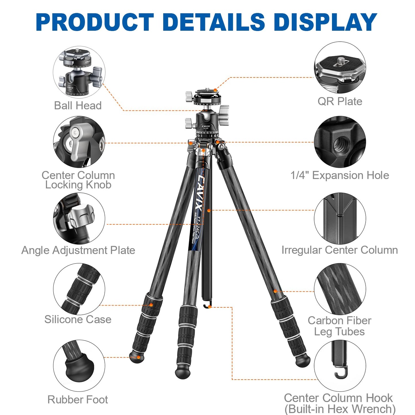 CAVIX Carbon Fiber Tripod, Lightweight Tripod for Camera, 360°Panorama Ball Head, 1/4" Arca Quick Release Plate, Max Load 33lb/15kg, with Portable