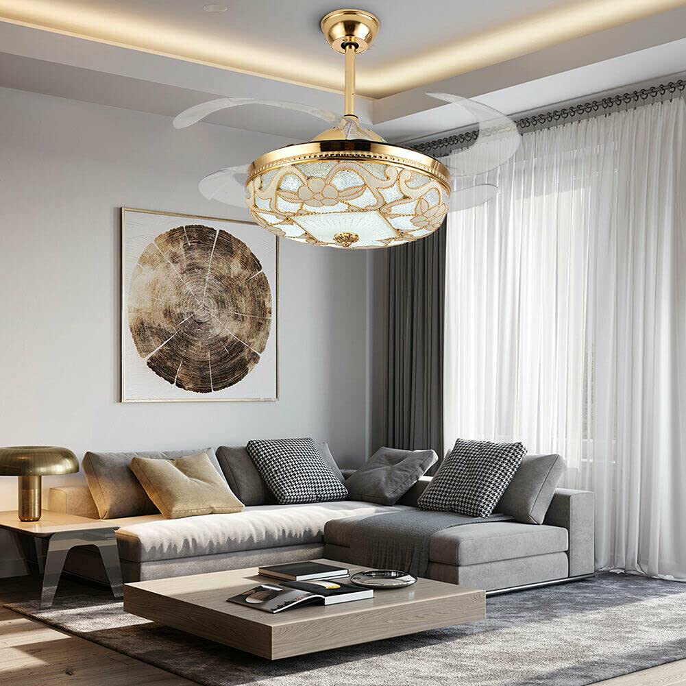 42 Inch Gold Ceiling Fans with Lights and Remote, Modern Floral LED Chandelier Fan Light Kit, 4 Retractable Blades, 3 Color 3 Speed Adjustable, Indoor