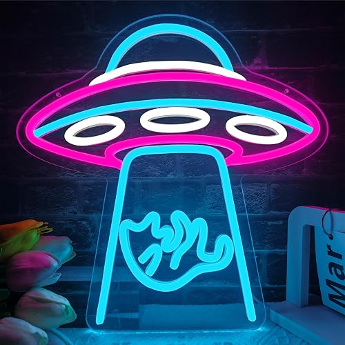 UFO cat neon sign, spaceship LED neon light, dimmable spaceship neon light, suitable for bedroom, children's space, playroom, neon wall decoration