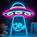 UFO cat neon sign, spaceship LED neon light, dimmable spaceship neon light, suitable for bedroom, children's space, playroom, neon wall decoration