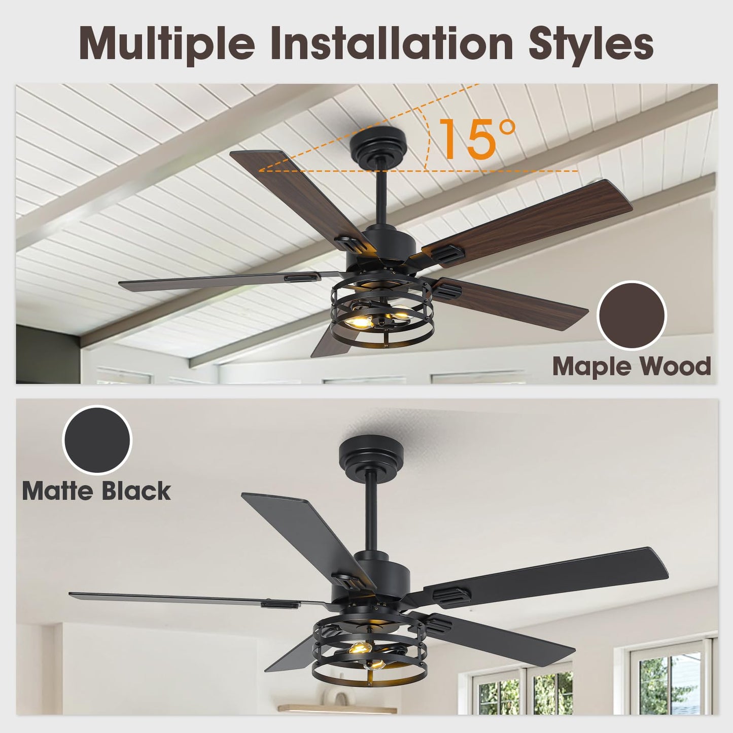 Vaczon 52" Farmhouse Ceiling Fan with Light, 6-Speed DC Motor