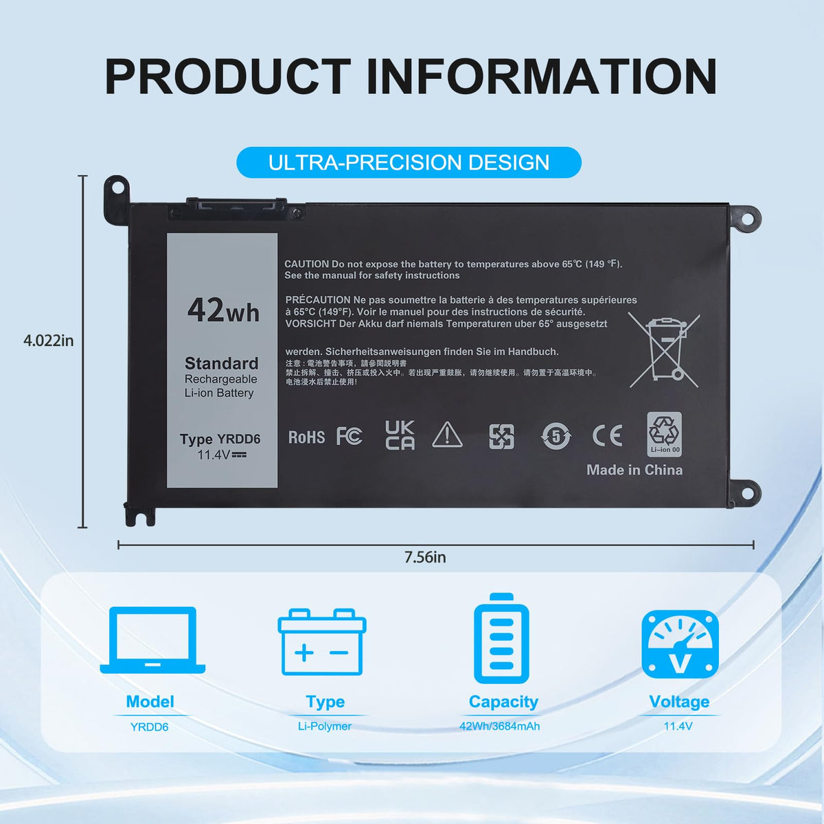 HUAZHEN 42Wh YRDD6 Laptop Battery for Dell inspiron 15 3583 3593 3582 3584 3501, inspiron 15 5582 5584 5593 5594 5598 5585 14 3493 5481 5482 5485 5491