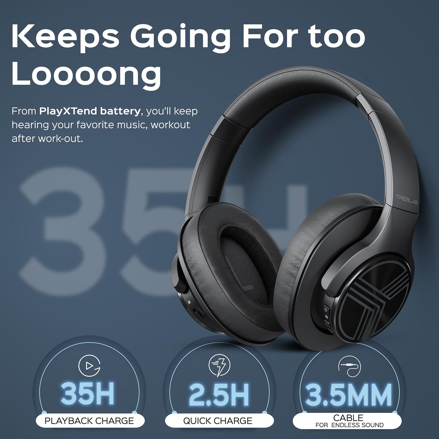 TREBLAB Z2 Wireless Over Ear Headphones Bluetooth, Hybrid ANC, 35H(Renewed)