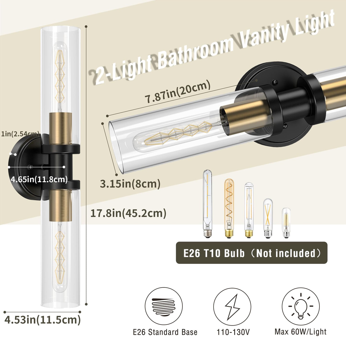 Espird Bathroom Light Fixtures 2-Light Black & Gold, Bathroom Vanity Lights Over Mirror, Wall Sconces, Industrial Lighting, Modern Brushed Brass