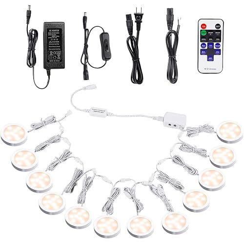 AIBOO Linkable Under Cabinet LED Lighting 12V Dimmable Puck Lights with Wireless RF Remote Control, Hardwired & Wall Plug in for Kitchen Mood Lighting