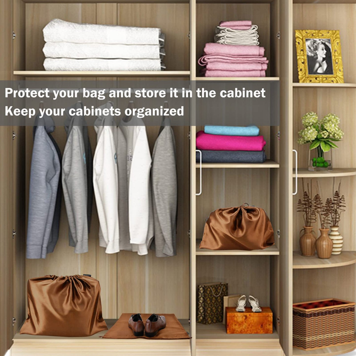 2 Pack Dust Bags for Handbags Silk Dust Cover Bag for Handbags Purses Shoes, Dustproof Drawstring Bag Travel Storage Pouch (Brown)