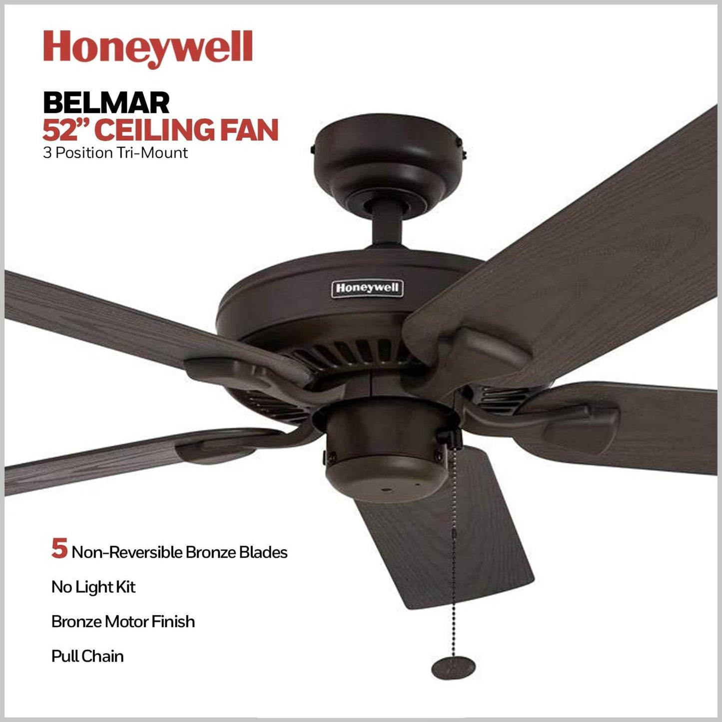 Honeywell Belmar 52-Inch Outdoor Ceiling Fan, Pull Chain, Tri-Mount, Bronze