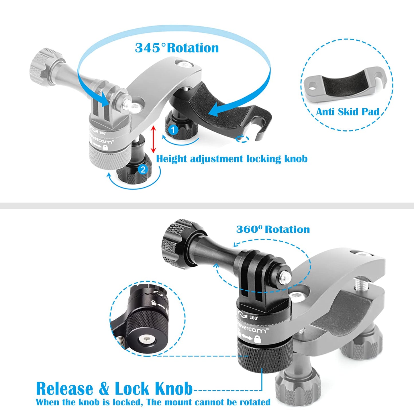 Forevercam Bike Handlebar Mount for GoPro (360° Rotation and Lock Any Direction) 0.6-1.3inch All Aluminum Bike/Motorcycle Handlebars Seat Post Ski