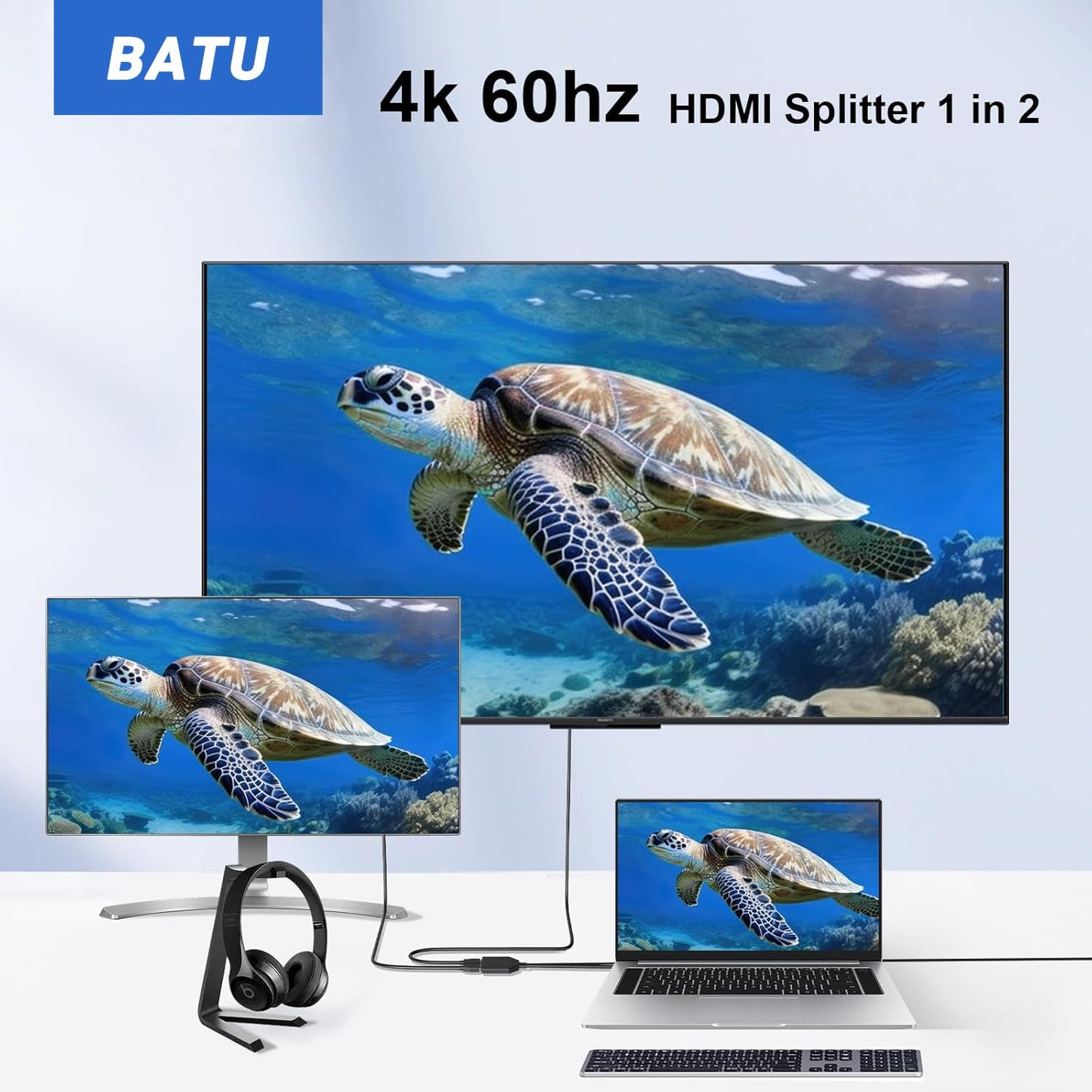 BATU 4k 60hz HDMI Splitter 1 in 2 Out HDMI Cable Male to Dual Female HDMI 2.0 with Power USB Cable for HDMI HD, LED, LCD, TV Dual Monitors