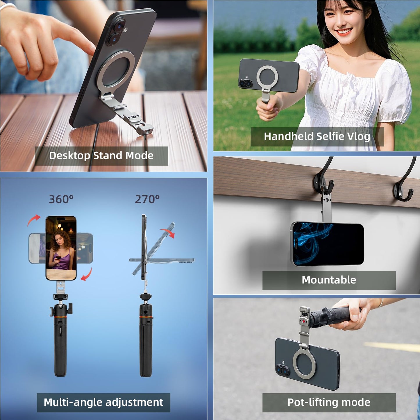 Phone Tripod Holder Mount for MagSafe, Aluminum Magnetic Mount Adapter with 1/4” Screw Hole, Cold Shoe for iPhone 17 16 15 14 13 Series for Samsung