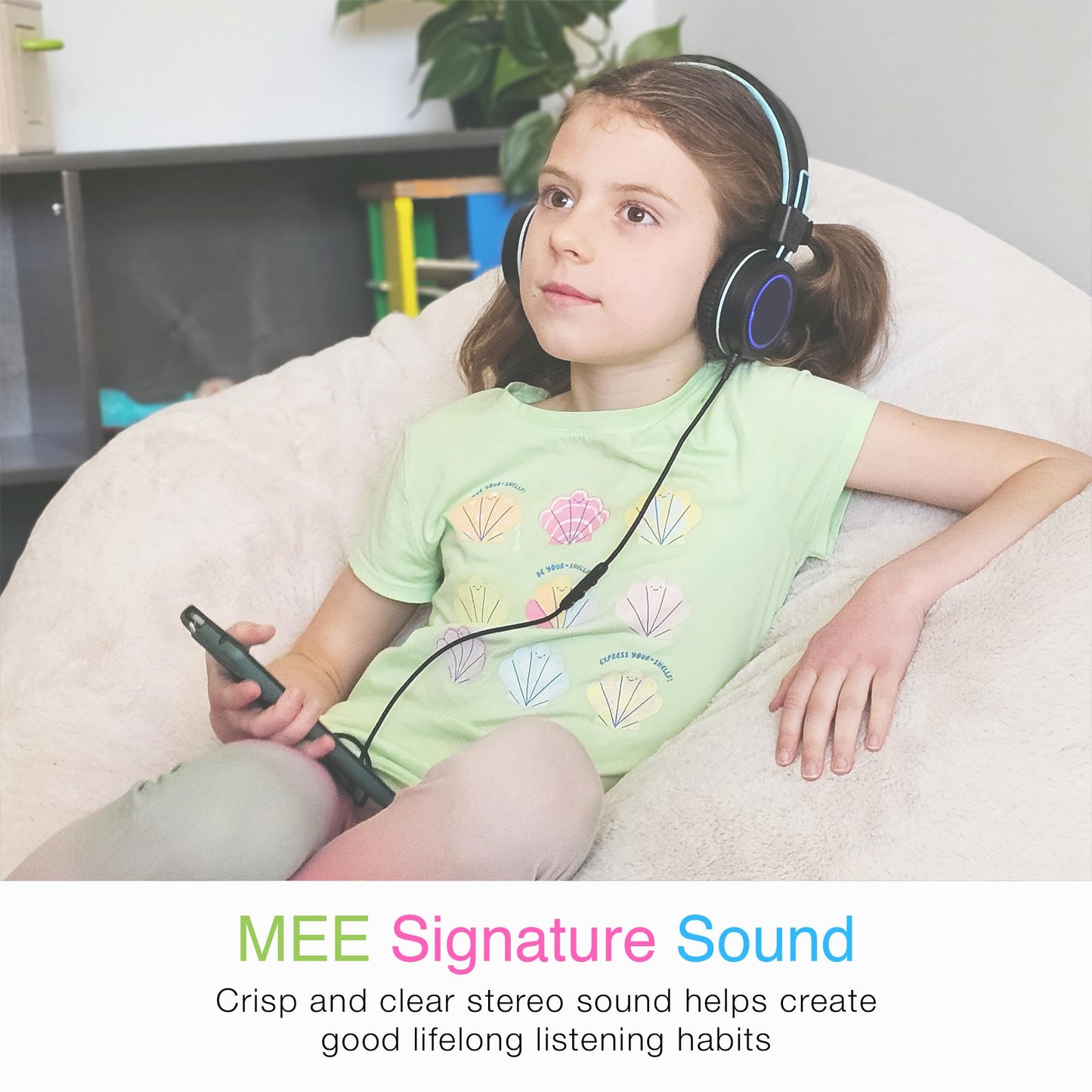 MEE audio KidJamz KJ55 USB-C Headphones for Kids w/LED Lights, Volume Limiter, Microphone On-Ear Wired Children's Headset for iPhone 15/16/17, iPad