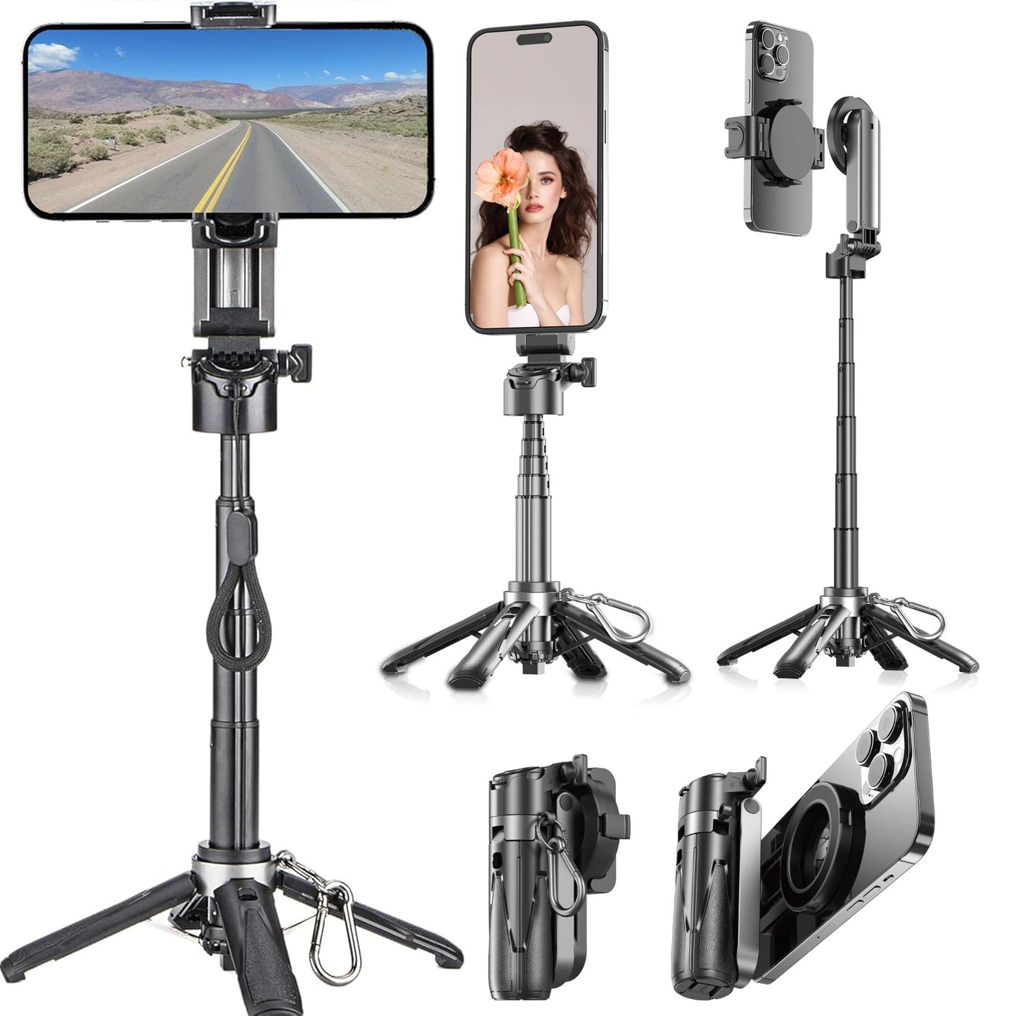 Wofoboxair for Magsafe Tripod Stand for iPhone,Portable Pocket Size Selfie Stick with Rechargeable Remote and Metal Ring,Extendable Detachable Cell