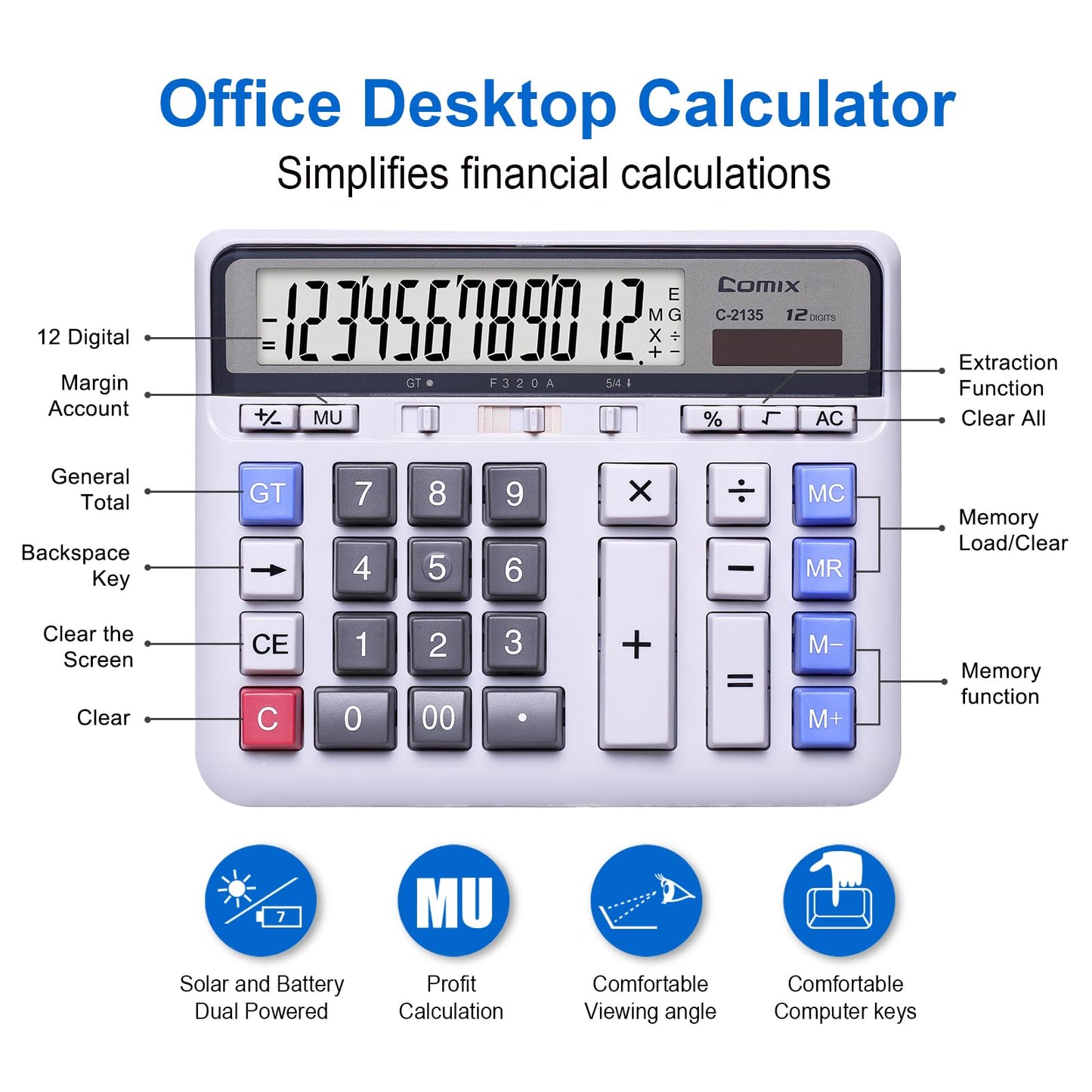 Comix Desktop Calculator Solar Battery Dual Power with 12-Digit Large LCD Display and Large Computer Keys Standard Function Calculator for Home Office