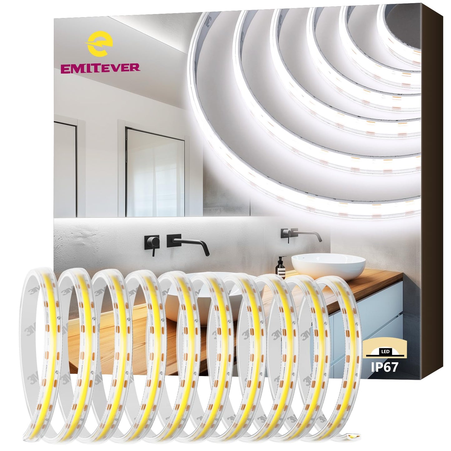 EMITEVER COB LED Strip Lights Waterproof IP67, 5000K White Outdoor 24V Dimmable Silicone LED Tape Lighting 16.4ft High Density, 300+LM/ft