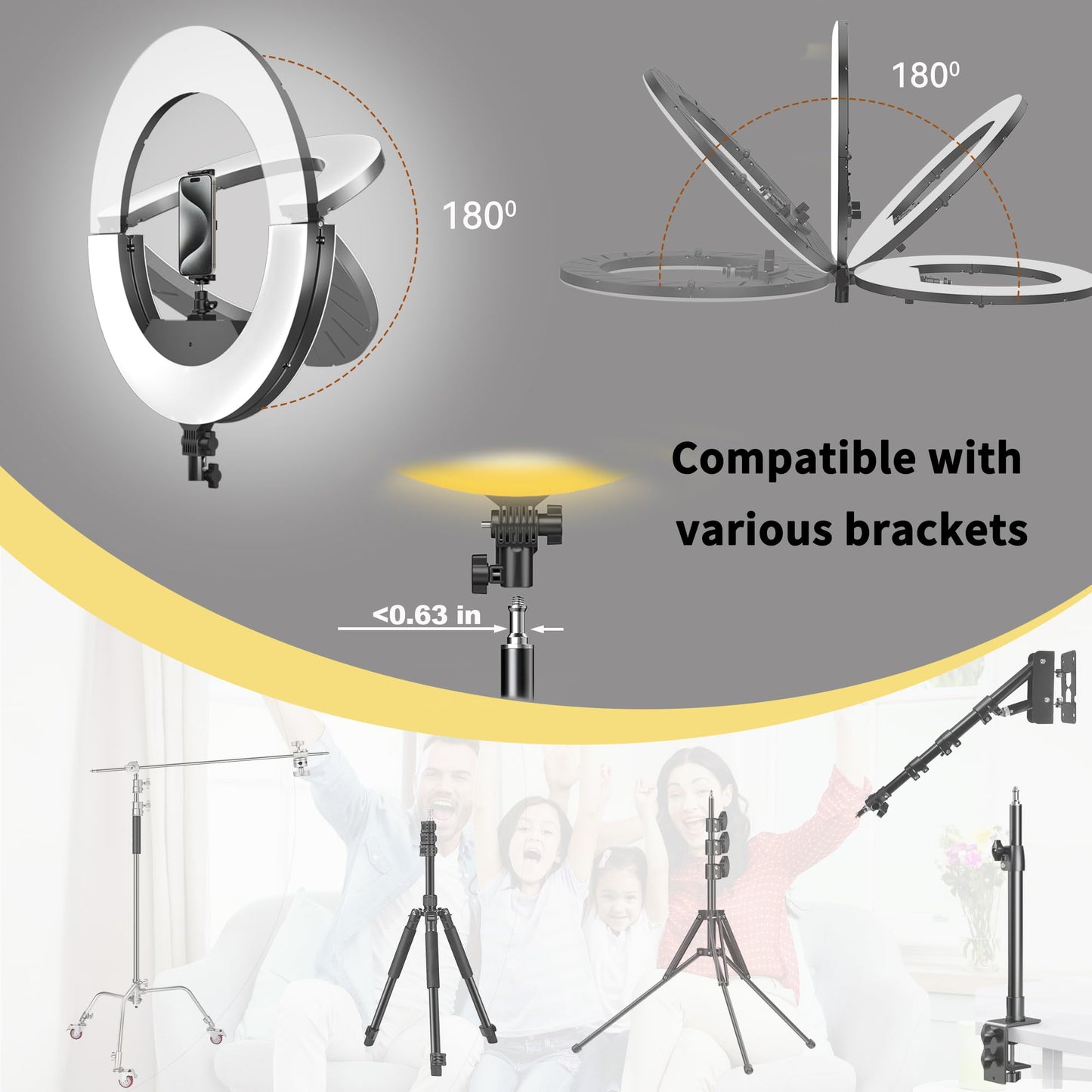 18" 55W Ring Light, High Brightness, No Bracket, Linkable on Wall-Mounted Triangular Arm, Ideal for Studios & Makeup, Live Streaming & Hair Salons
