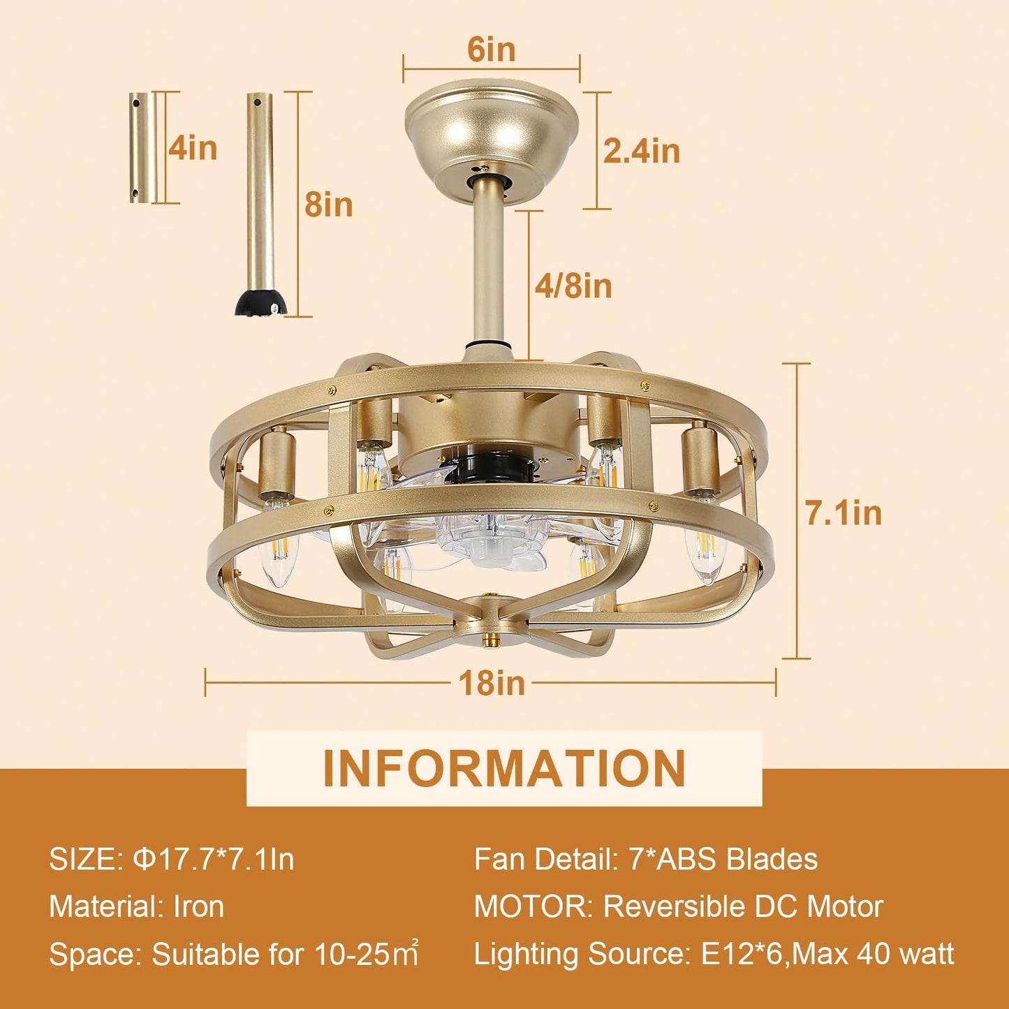 SMLERAY 18" Gold Bladeless Ceiling Fan with Light, Caged Fandelier with Remote Control, 6-Speed Reversible Motor, Low Profile for Bedroom, Kitchen