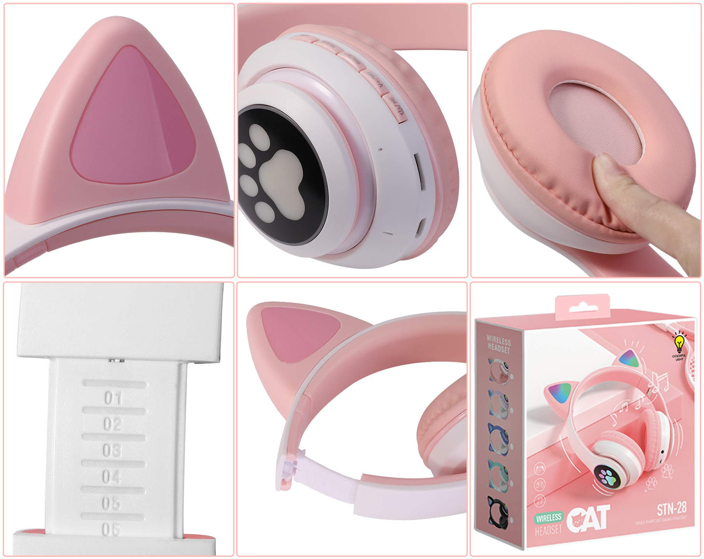 TCJJ Bluetooth 6.0 Cat Ear Kids Headphones for Girls, LED Light Up, 85dB Safe Volume Limit, Stereo Sound Toddler Foldable Wireless & 3.5mm Wired…