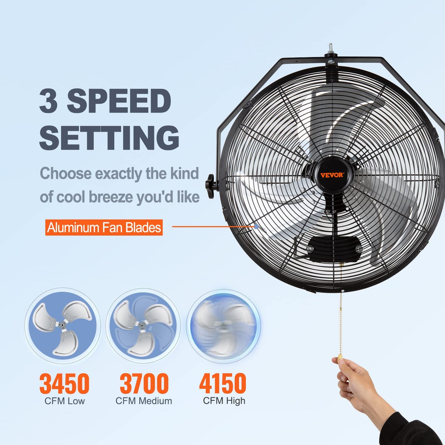 VEVOR Wall Mount Fan, 18 Inch 4150 CFM, 3-speed Wall Mounted Metal Fan