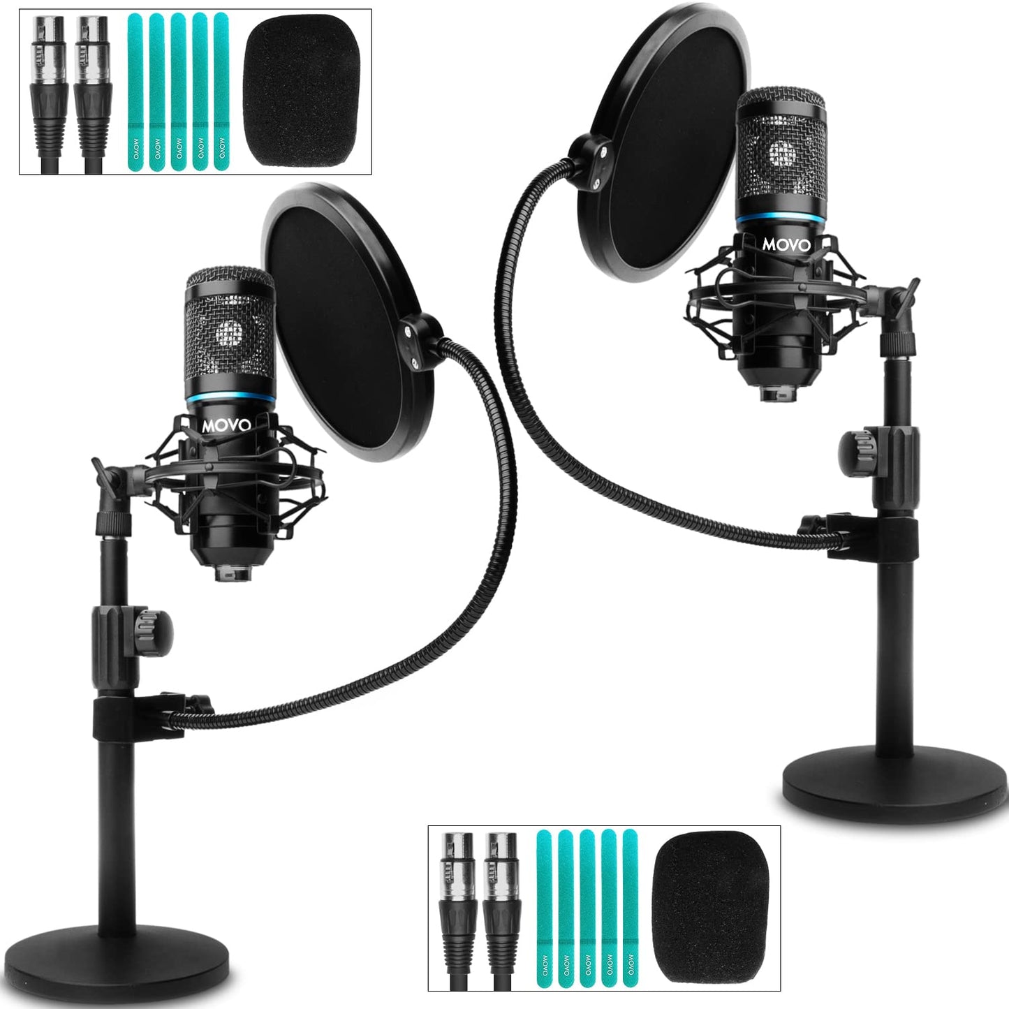 Movo PodPak2T 2-Pack Universal XLR Condenser Microphone Podcasting Equipment Bundle for 2 - Includes 2 Cardioid Mics, Desktop Stands, Shock Mounts
