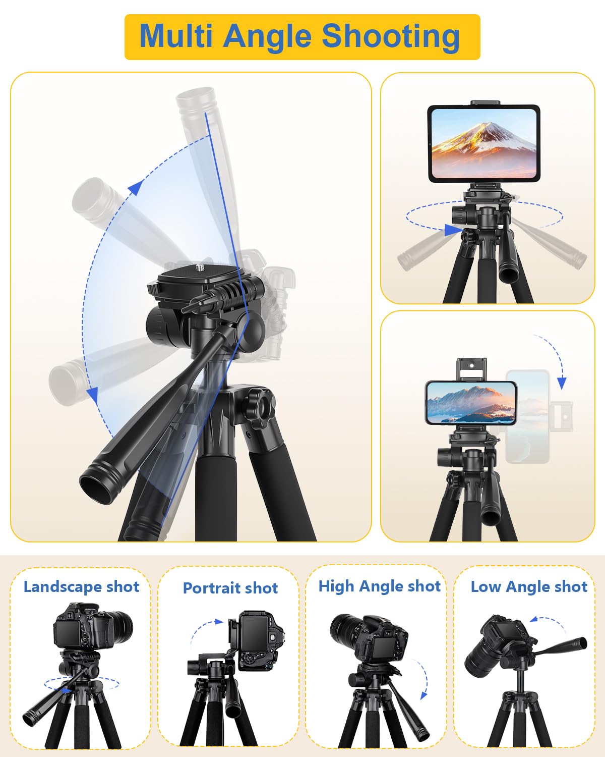 JOILCAN 67" Phone iPad Tripod, Professional Camera Tripod Stand for Tablet iPhone with 2-in-1 Holder & Carry Bag, Extendable Travel Tripod