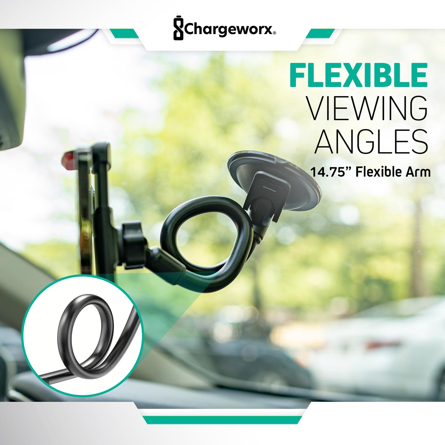 CHARGEWORX Adjustable Windshield Phone Mount for Cars, 14.75” Flexible Gooseneck Cell Phone Holder with Suction Cup, Anti-Slip Clamp Grip, 360-Degree