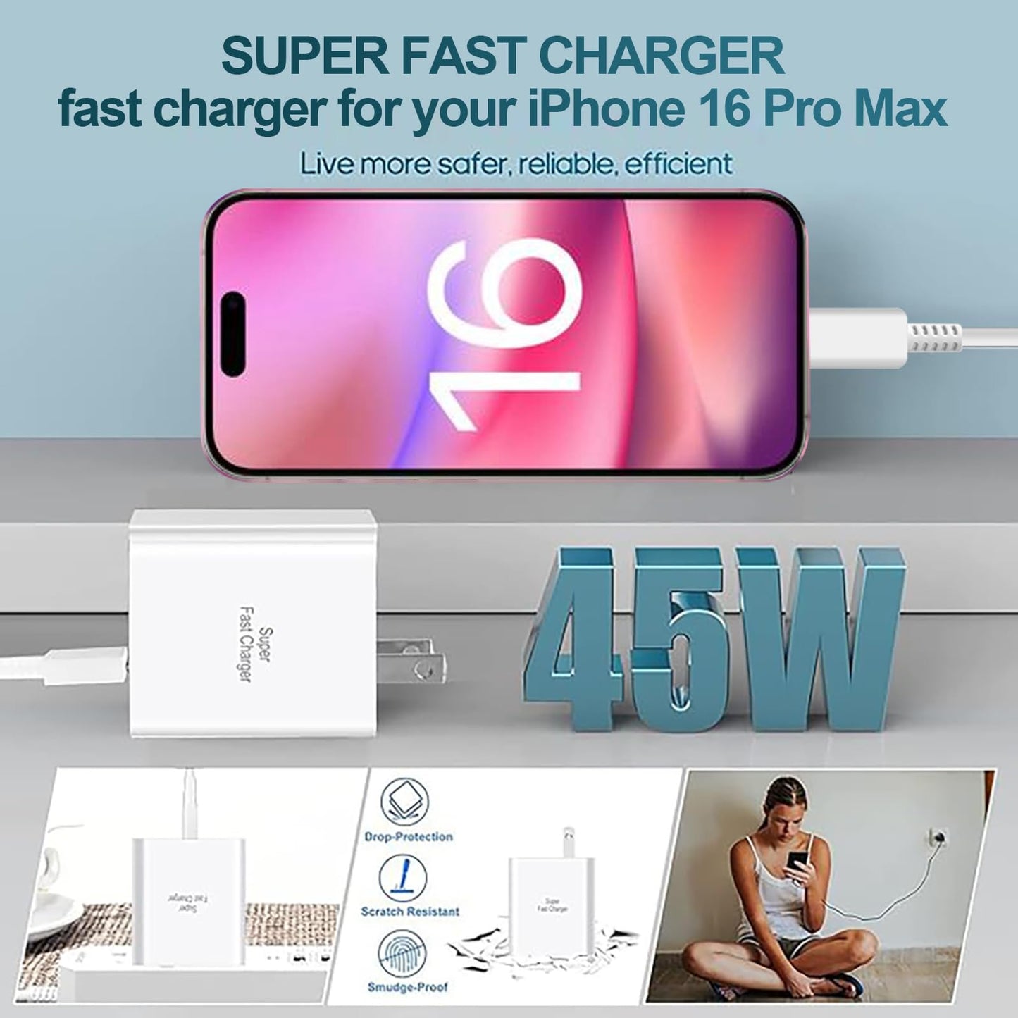 iPhone 16/16 Pro Max Super Fast 45W Type C Charger - 6ft Cable, Galaxy S24 Ultra, iPad Pro Compatible