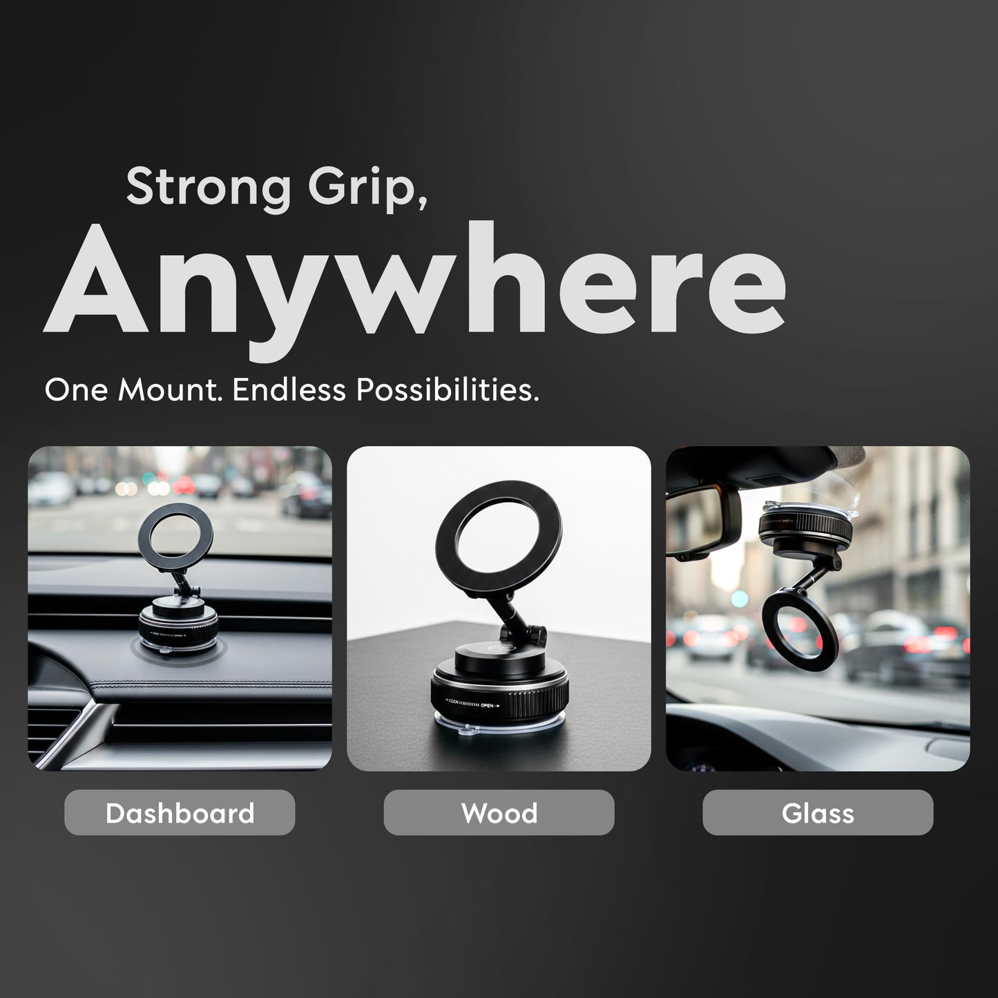 Heavy Duty Magnetic Phone Holder Vacuum Suction Mount Foldable, 360° Adjustable, Car/Office/Gym - Dashboard, Windshield, Window, Mirror, Universal
