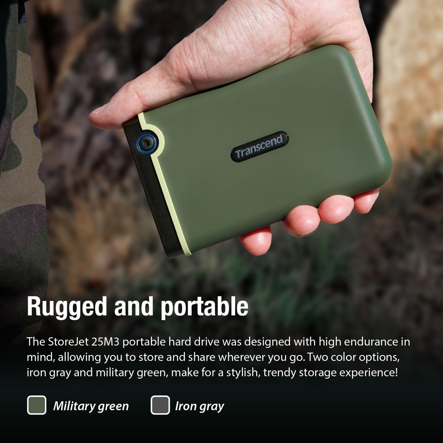 Transcend StoreJet 2TB Rugged External Hard Drive, USB3.1(5Gbps) Portable HDD w/One Touch Auto-Backup Button/Anti-Shock