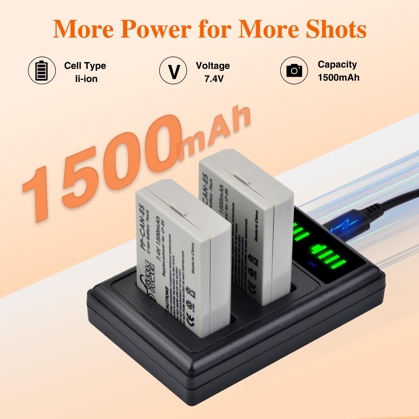 Pickle Power LP-E5 Battery 2 Pack and LED Dual Charger Compatible with Canon EOS Rebel XSi, Rebel T1i, Rebel XS, 1000D, 500D, 450D, Kiss X3, Kiss X2