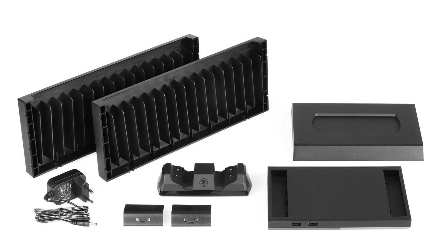 Snakebyte XBOX One Charge Tower Pro - Twin Docking Station with Games Tower for 15 Games, Charger and Battery Packs for 2 Controllers and 2 USB Ports