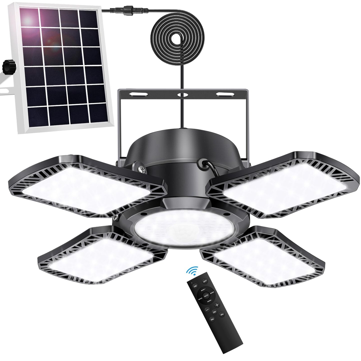 Auzev Solar Shed Light Indoor Outdoor Upgrade 176 LED 4 and 1 Heads Solar Powered Motion Sensor Pandent Daytime Work Lights with 4 Modes Remote