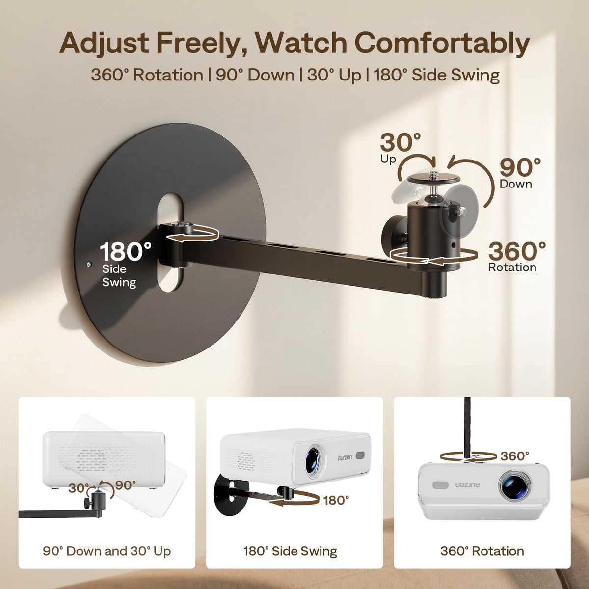 Aurzen Projector Wall Mount Shelf, 360° Rotation, 90° Tilt, Supports 4.4 lb