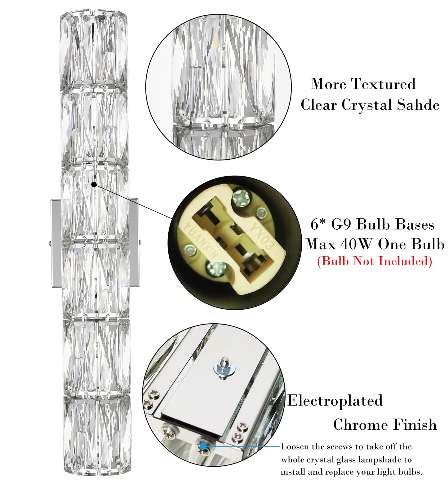 SAMTEEN Chrome Crystal Wall Sconce Contemporary 6-Light Crystal Sconces Wall Lighting Modern Nickel Wall Sconce Clear Glass Wall Light Fixture