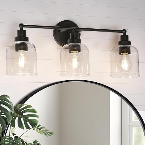 GEPOW Bathroom Wall Light Fixtures, 3-Light Black Vanity Light with Clear Glass Shade, Modern Farmhouse Wall Lamp Over Mirror for Hallway, Kitchen