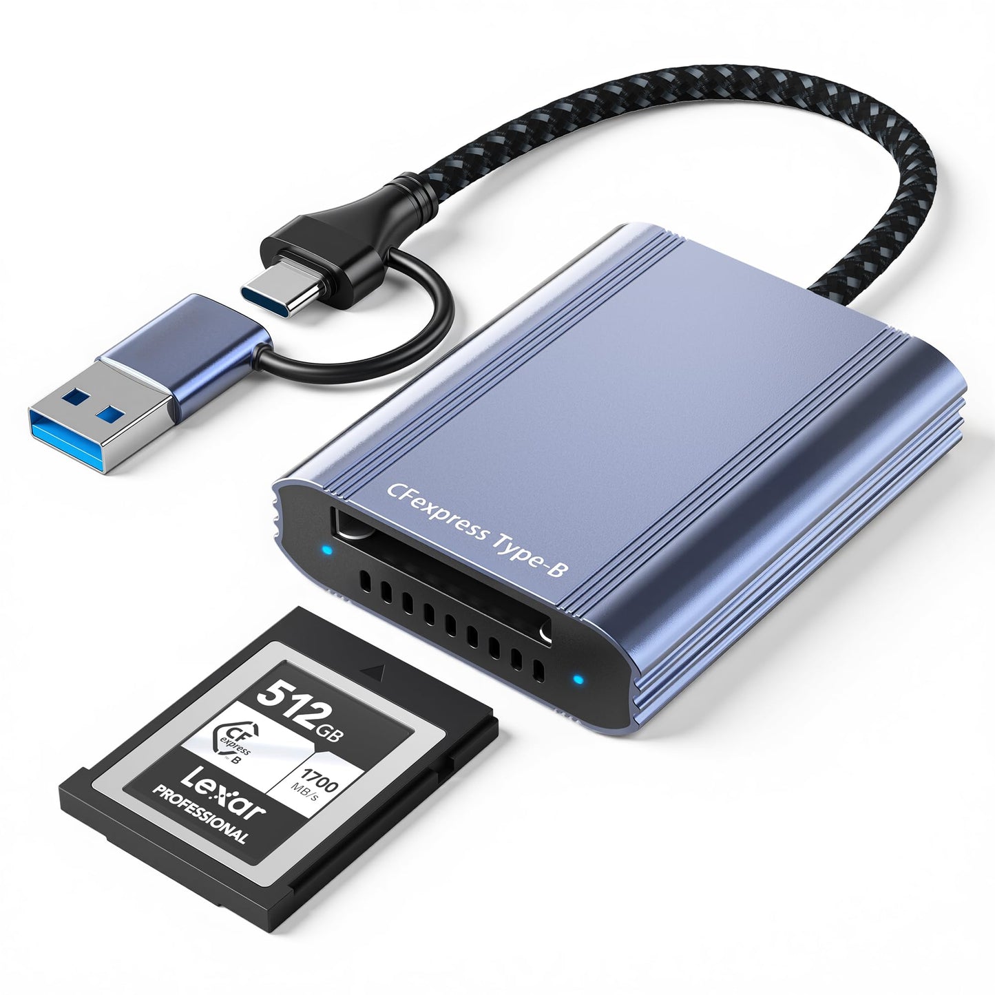 CFexpress Type B Card Reader with 10Gbps USB 3.2 Gen 2, USB-C & USB-A 2-in-1 Type B CFexpress Adapter, Compatible with Windows/Mac/Linux/Android
