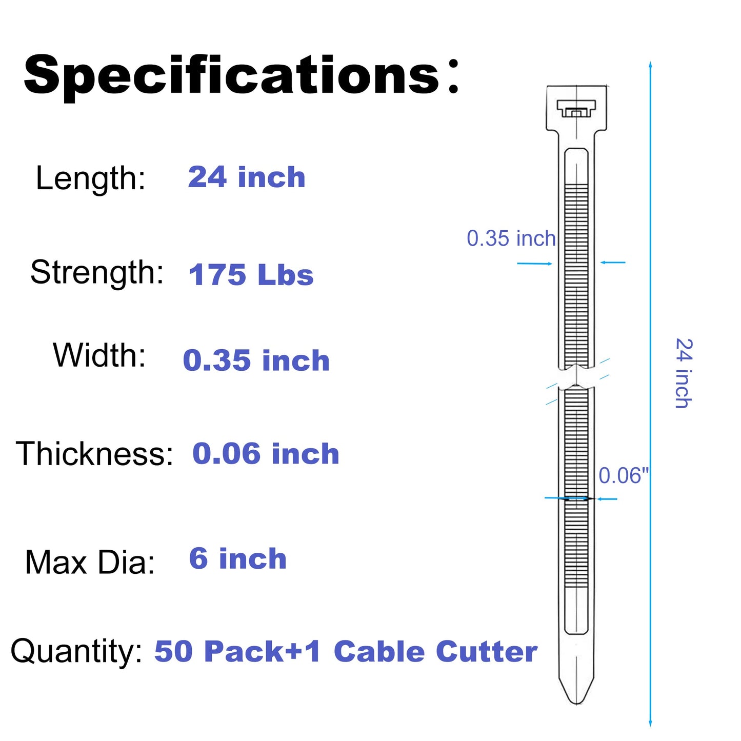 Honyear 24 Inch Cable Zip Ties Heavy Duty (with Wire Cable Cutters), Strong Large Black Zip Ties with 175 Pounds Tensile Strength, 50 Pack, Long