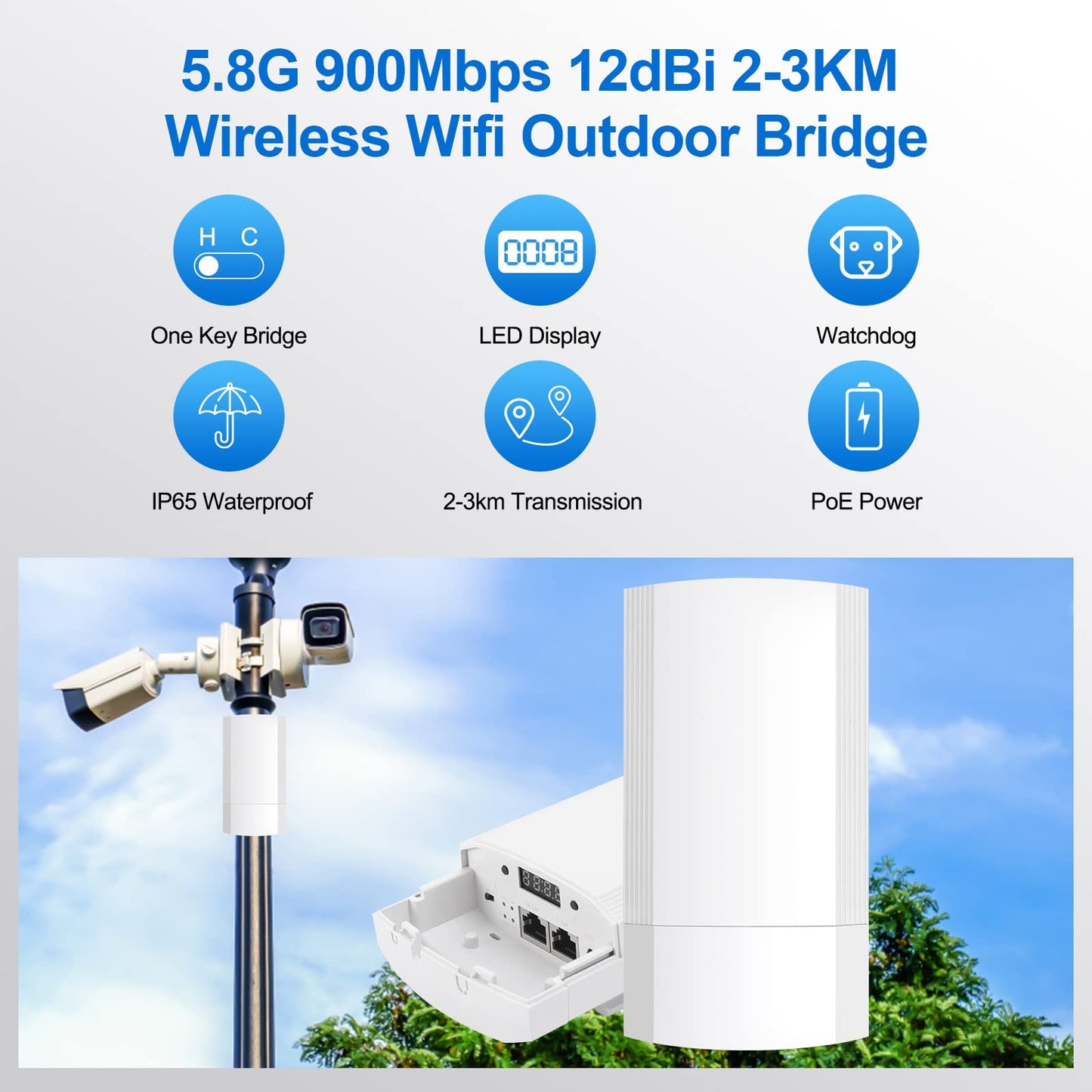 Wireless Bridge Set 900Mpbs 5.8G WiFi Outdoor CPE Point to Point Long Range up to 2-3KM CPE200 with 12dBi High-Gain Antenna?24V PoE Power, IP65