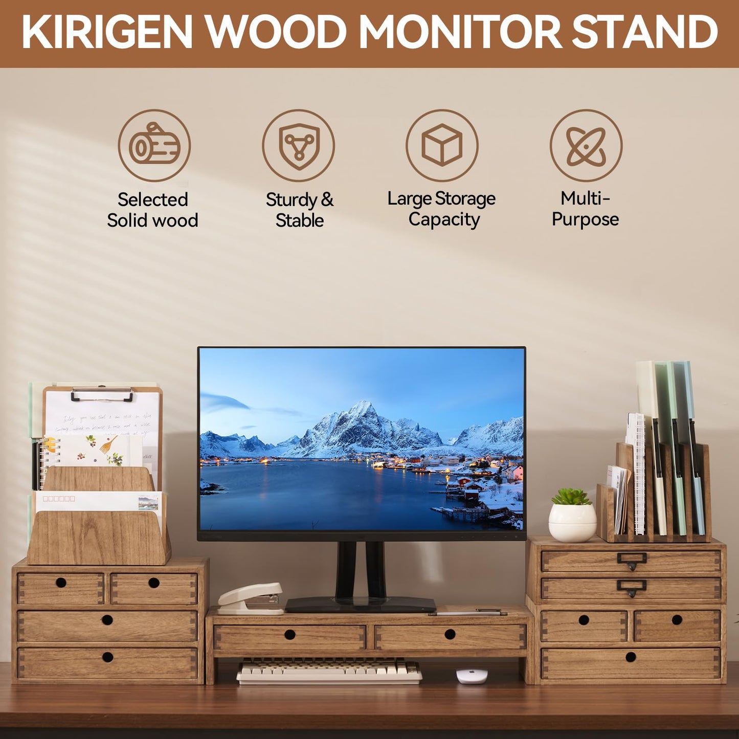 KIRIGEN Wood Monitor Stand with 2 Drawers - Computer Arm Riser Desk Storage Organizer,Speaker TV Laptop Printer Stand with Pen Slot and Cable