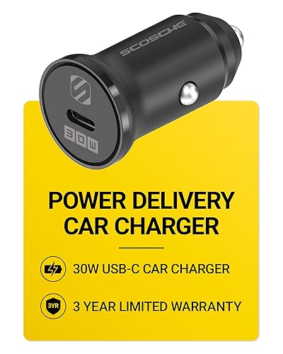 Scosche SCPDC30LC 30W USB-C Car Charger, Fast Charging 12V Cigarette Lighter Adapter with Power Delivery Compatible with iPhone, Samsung Galaxy