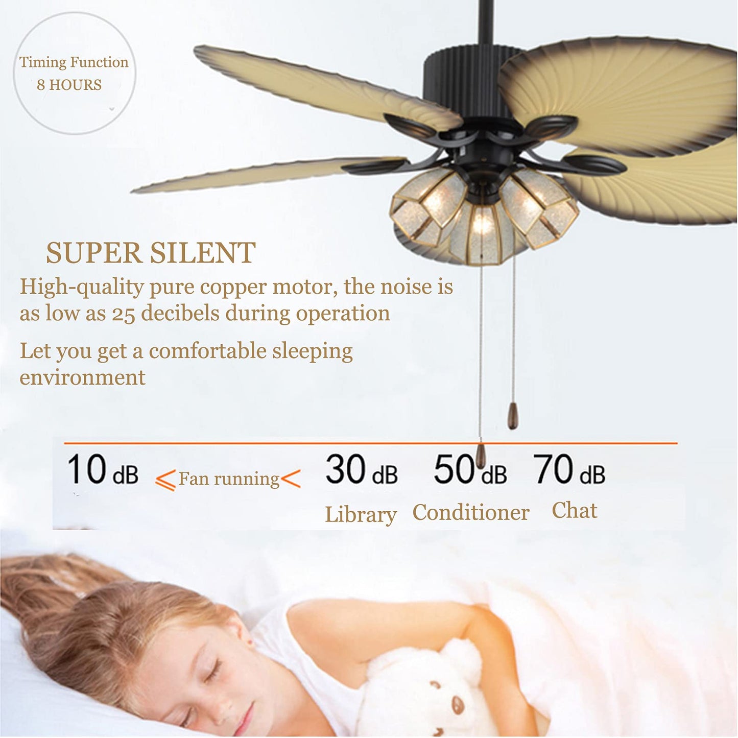 DYRABREST 52" Palm Island Ceiling Fan,3 Speed Tropical Ceiling Fan with Remote Control,5 Reversible Wood Blade,3 Crystals Lampshade (Type 1)