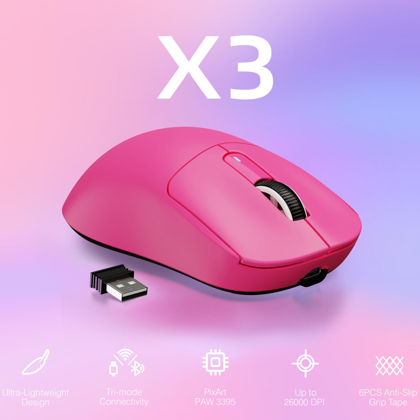 ATTACK SHARK X3 Wireless Gaming Mouse, 49g Ergonomic Computer Mouse, Triple Modes PAW3395 26K DPI Optical Sensor, 200h Battery Life, Programmable