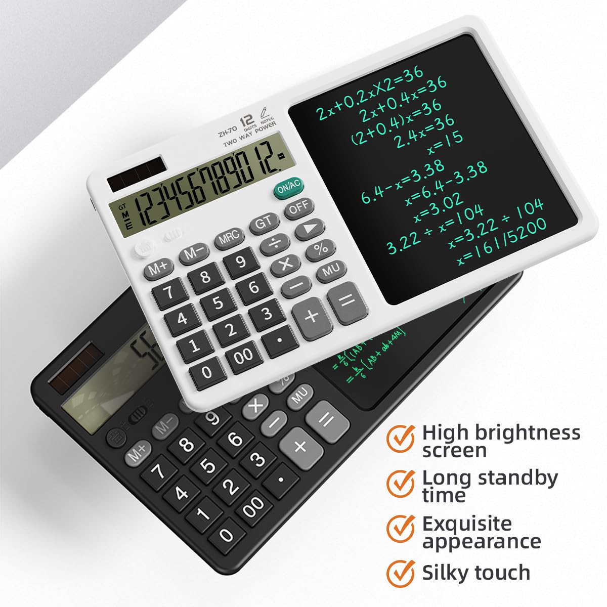 Desk Calculator with Erasable Writing Pad, 12-Digit Wide Screen Display, 100,000+ Reusable LCD Notepad, One-Click Clear & Lock Function, Solar