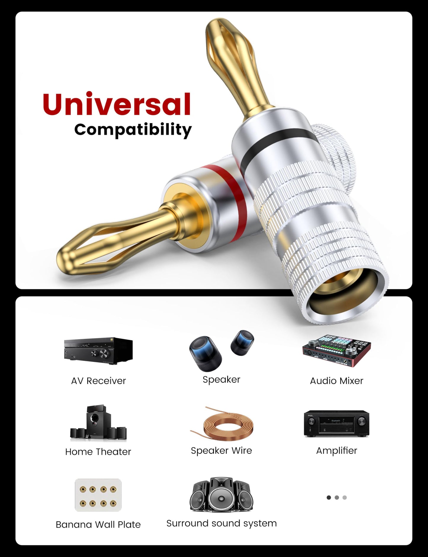 MOSWAG Banana Plugs for Speaker Wire (4 Pairs/8 pcs), Brass Speaker Connectors with Dual Set Screws, Black and Red Shell Banana Plugs for Home