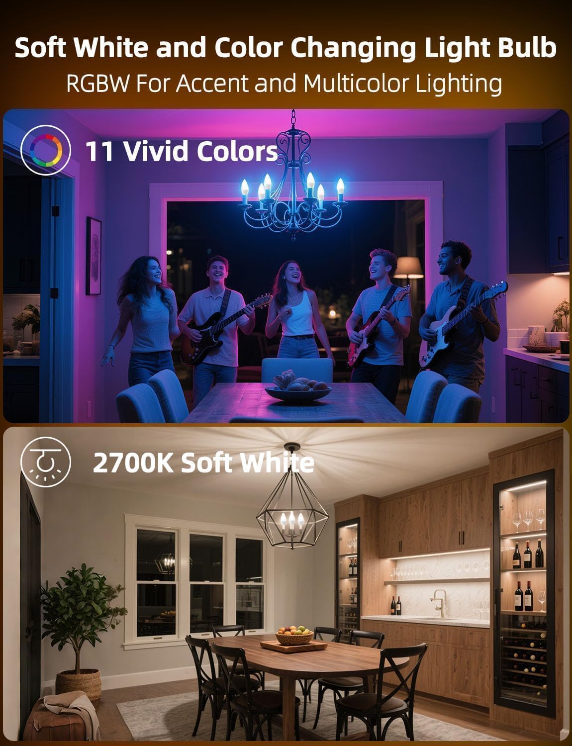 HEKEE E12 Candelabra Light Bulbs, 120V Color Changing Bulb with Remote, Plug-in Only, E12 Base, 12 RGB+2700K Warm White, 40W Equiv (5W), 450LM, Timer