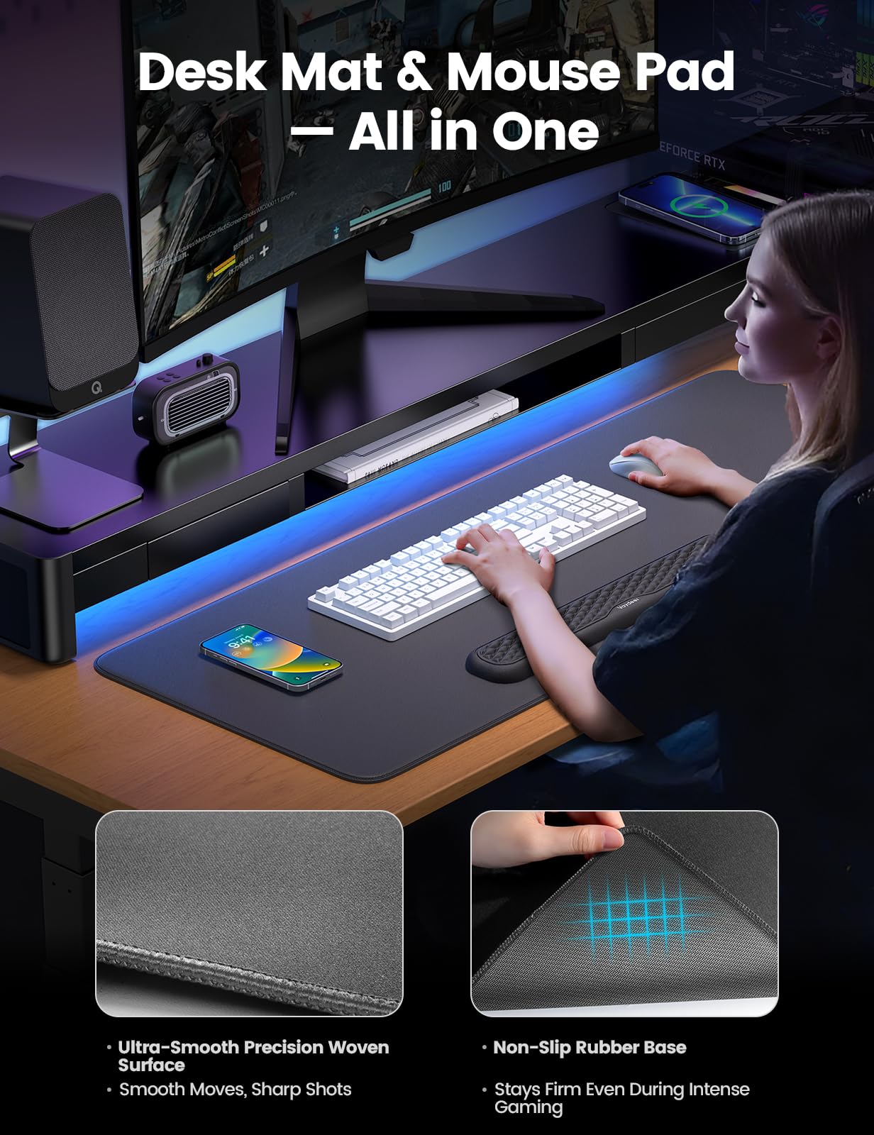 Vaydeer Wrist Rest for Keyboard and Mouse with Desk Mat, 3-in-1 Computer Ergonomic Wrist Support Set, Memory Foam Extended Desk Pad for Typing