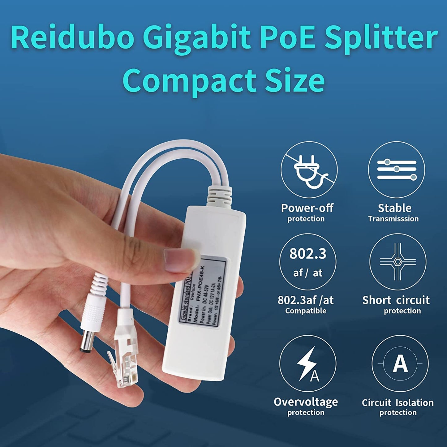 Reidubo Gigabit PoE Splitter Adapter,12V 2A Output,1000Mbps, IEEE 802.3AF/at, Suitable for IP Cameras, AP WiFi, IP Phones, and Other DC Power Supply
